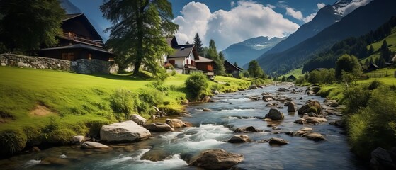 Fototapeta na wymiar Scenic Swiss River Landscape with Charming Houses, Canon RF 50mm f/1.2L USM Capture
