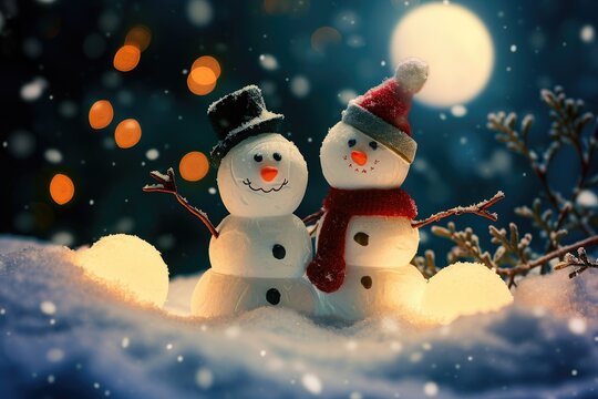 A photo of two snowmen standing side by side in a snowy landscape, showcasing the winter season, Snowman couple holding hands under a mistletoe in the moonlight, AI Generated