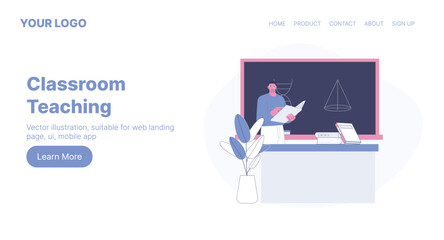 Classroom Teaching. Web Landing Page Design. Flat Cartoon Vector Illustration. Vector illustration, suitable for web landing page, ui, mobile app.