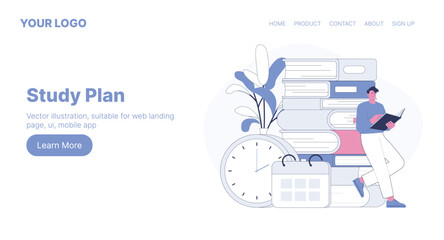 Study Plan. Web Landing Page Design. Flat Cartoon Vector Illustration. Vector illustration, suitable for web landing page, ui, mobile app.