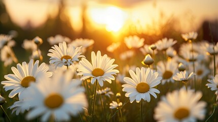 Golden Hour Glow: White Daisy Blooms in Sunset Field, Canon RF 50mm f/1.2L USM Capture