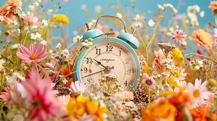 retro alarm clock nestled among vibrant summer flowers symbolizes the transition from winter to...