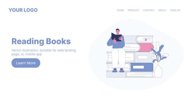 Reading Books. Web Landing Page Design. Flat Cartoon Vector Illustration. Vector illustration, suitable for web landing page, ui, mobile app.