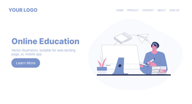 Online Education. Web Landing Page Design. Flat Cartoon Vector Illustration. Vector illustration, suitable for web landing page, ui, mobile app.