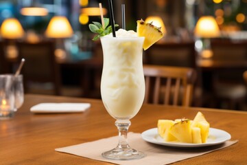 Tropical pina colada coconut cocktail with pineapple on beachside cafe table, summer refreshment