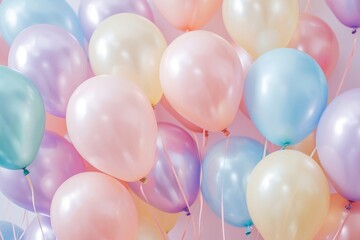 A multitude of balloons, in various vibrant colors, float in the air during a festive party celebration, Soft, pastel colored balloon background for a birthday, AI Generated - obrazy, fototapety, plakaty
