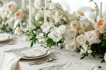 Obraz na płótnie Canvas A table adorned with a centerpiece of white and pink flowers and candles, creating an elegant and romantic ambiance, Sophisticated modern minimalist wedding, AI Generated