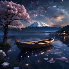 Night time, sky with stars, Milky Way. On the side, there is a flowering tree, fireflies circling around it. Magnificent lake, small boats with lights gently float upon it, Generative AI