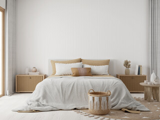 White boho bedroom with wooden and rattan furniture. 3d rendering - obrazy, fototapety, plakaty