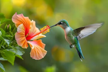 Fototapeta premium A hummingbird hovers, rapidly beating wings creating a blur as it sips nectar from the bright bloom of a hibiscus, epitomizing the vivacious pulse of nature.