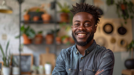 Relaxed young man with a beard smiling in a cafe surrounded by plants and a warm atmosphere