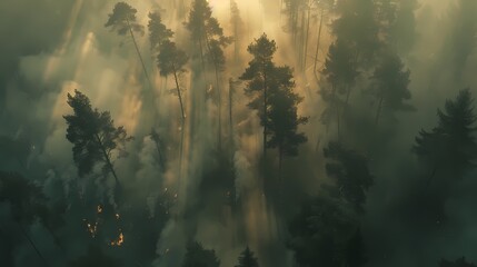 The crackle of a forest fire is barely visible through the dense morning haze. An ominous beauty prevails as nature AI Generative - obrazy, fototapety, plakaty