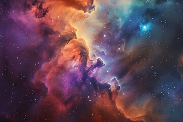 A vibrant expanse of interstellar space illuminated by a multitude of colorful stars and adorned with billowing clouds, Space nebula in dreamy pastel colors, AI Generated - obrazy, fototapety, plakaty