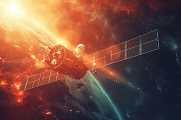 Fototapeta na wymiar An artists rendering capturing the structure and presence of a space station amidst the vastness of deep space, Space satellite capturing solar energy, AI Generated