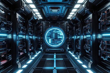 A bustling and productive scene in a spacious room, filled with numerous rows of computers being used by people engaged in various tasks, Space-age design of a NAS storage system, AI Generated