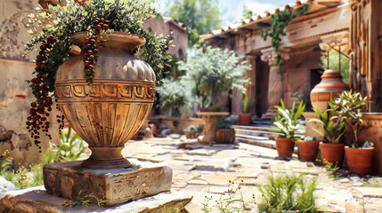 Andalusian Courtyard Charm: Ancient Spanish Architecture, Green Garden and Fountain, Travel and History