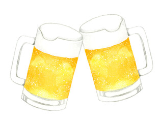 ビールジョッキで乾杯　飲み物（お酒）の手描き水彩イラスト素材