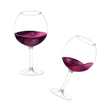 赤ワインのセット　飲み物（お酒）の手描き水彩イラスト素材
