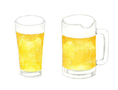 ビールのセット　飲み物（お酒）の手描き水彩イラスト素材