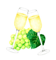 スパークリングワインで乾杯　飲み物（お酒）の手描き水彩イラスト素材