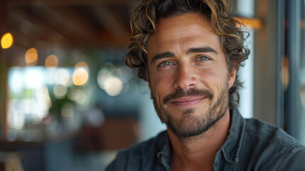 Charming man with curly hair and rugged look, smiling inside a building with a blurred background