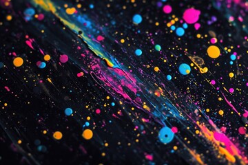 This photo showcases multicolored dots and lines against a black background, Spatters of bright neon colors on a dark, contrasting background, AI Generated