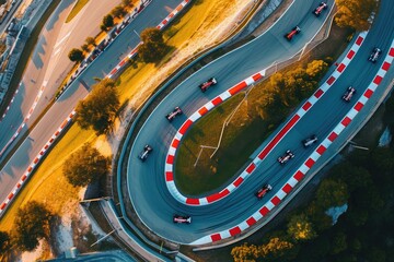This aerial photo captures the intense action as multiple cars race around a modern race track, Spectacular aerial view of a Formula One circuit with speeding sports cars, AI Generated