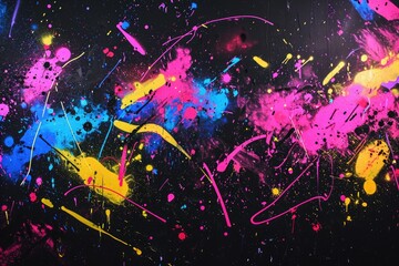 A vibrant painting showcasing a multitude of colorful paint splatters against a sleek black...