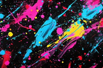 Colorful Paint Splatters on Black Background, Splatter of neon on black exuding an abstract take on...
