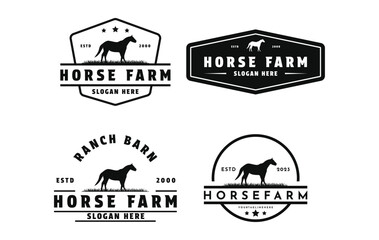 set of horse farm logo design vintage retro badge and label - obrazy, fototapety, plakaty