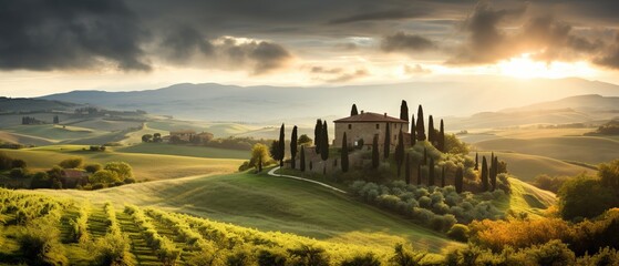 Idyllic Val d'Orcia Landscape in Tuscany, Italy, Bathed in Golden Light, Canon RF 50mm f/1.2L USM Capture - obrazy, fototapety, plakaty