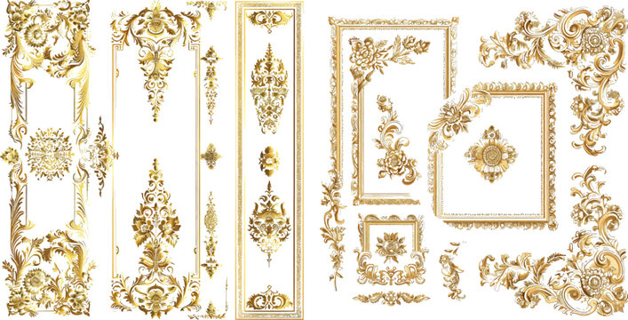 Set of Decorative vintage frames and borders set,Gold photo frame with corner Thailand line floral for picture