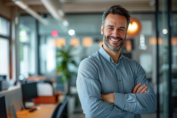 Fototapeta premium Cheerful businessman in casual work clothes in dynamic and colorful office