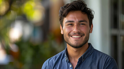 Casual young man with a warm smile standing outside with blurred greenery background