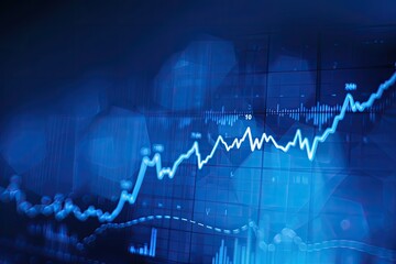 Closeup financial chart with uptrend line candlestick graph in stock market on blue color monitor background.