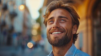 Portrait of a cheerful man with a beard smiling optimistically in a city setting - obrazy, fototapety, plakaty