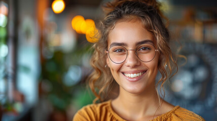 A bright and cheerful young woman with stylish glasses inside a cozy cafe