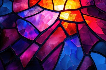 This photo showcases a detailed close-up of a stained glass window in a medieval church, illustrating vibrant biblical scenes, Stained glass-inspired pattern on a luminescent background, AI Generated