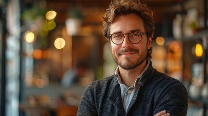 Confident male with glasses in a casual sweater at a café interior - obrazy, fototapety, plakaty