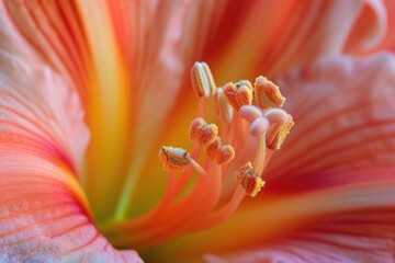 This close-up photo captures the details of a pink flower with a central yellow stamen, Stamen and pistil details of a blooming flower, AI Generated