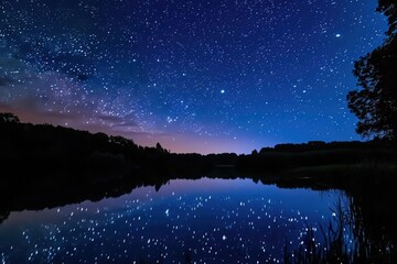 The night sky with stars and celestial bodies is perfectly mirrored in the calm water, providing a stunning reflection, Starry night over a peaceful lake, reflecting heart-shaped stars, AI Generated