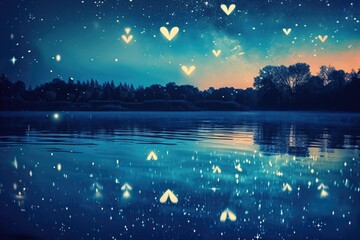 A lake brimming with clear, glistening water reflects the brilliant night sky adorned with countless stars, Starry night over a peaceful lake, reflecting heart-shaped stars, AI Generated