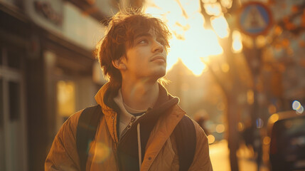 An introspective young man with tousled hair gazes into the sunset shining down an urban street,...