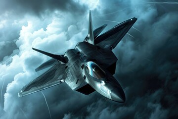 A powerful fighter jet cuts through the billowing clouds, blazing a path with speed and precision, Stealth fighter jet against a stormy sky, AI Generated - obrazy, fototapety, plakaty