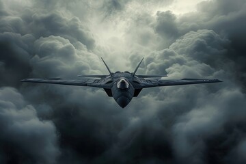 A powerful fighter jet streaks through the cloudy sky, leaving a trail of exhaust as it cuts through the air, Stealth fighter jet against a stormy sky, AI Generated - obrazy, fototapety, plakaty