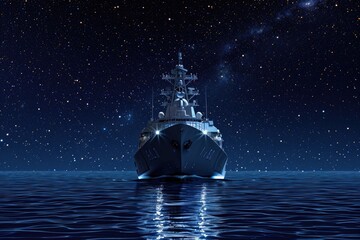 A massive ship floats atop the expansive body of water, showcasing its sheer size and presence, Stealthy military cruiser gliding silently under brilliant starlit night, AI Generated