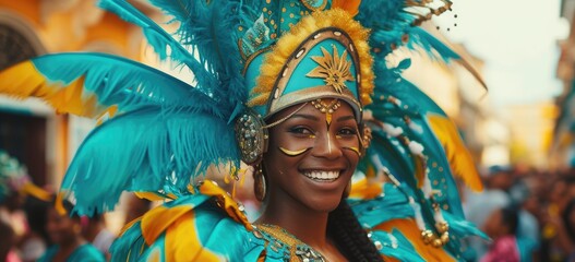 In the heart of the carnival's revelry, a masked figure bedecked in feathers, glitter, and beads radiates boundless excitement and revels in the spirit of festivity - obrazy, fototapety, plakaty
