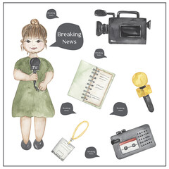 Watercolor journalist clipart, hand drawn illustration. Journalist working, kids school card clip art, educational, cute children graphics with professions.
