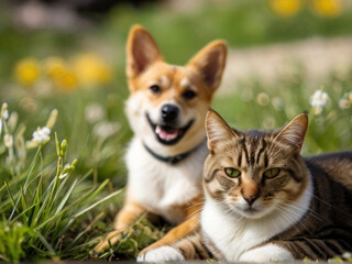 Naklejka na ściany i meble Cat and dog friendly sitting together on green meadow, concept of unexpected friendship