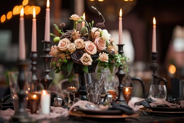 A table adorned with a vase filled with colorful flowers and accompanied by flickering candles, Steampunk themed wedding in a Victorian setting, AI Generated